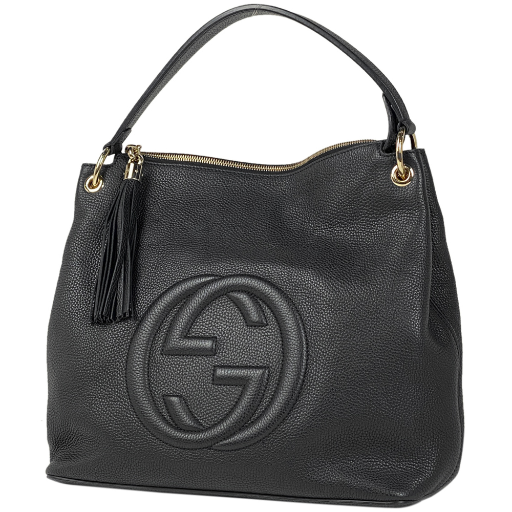 Gucci Soho Handbag 2way Shoulder Bag Interlocking G Fringe Leather Black